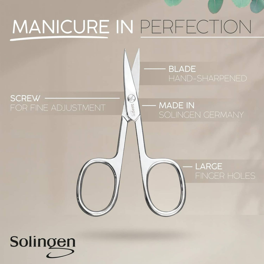 Silver nail scissors with curved hand-sharpened blades and large finger rings