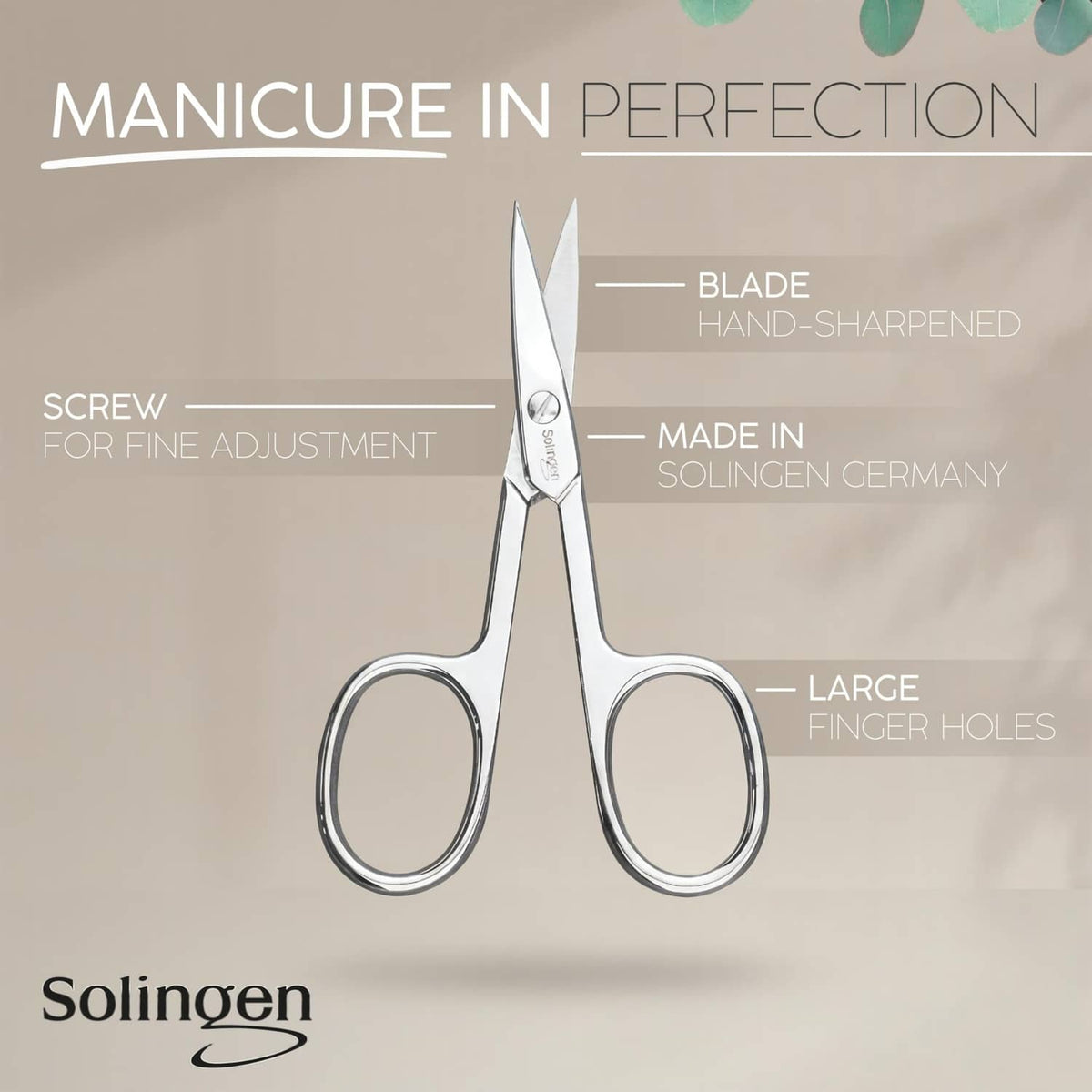 Silver nail scissors with curved hand-sharpened blades and large finger rings