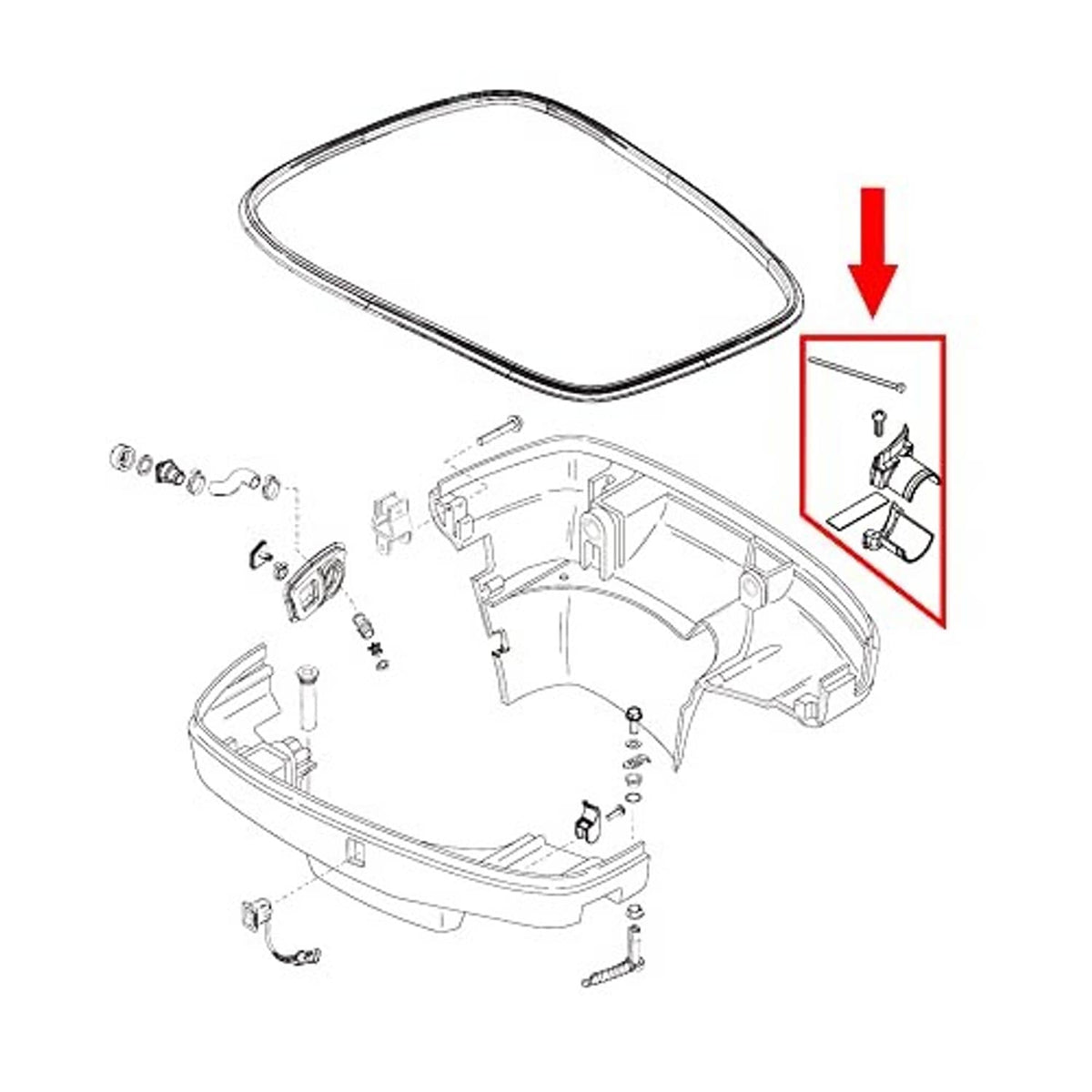 Exploded diagram for installing a rigging cable with arrows and hardware