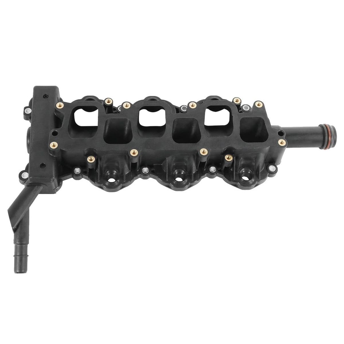 Black lower intake manifold assembly with multiple runner ports and sensor fittings