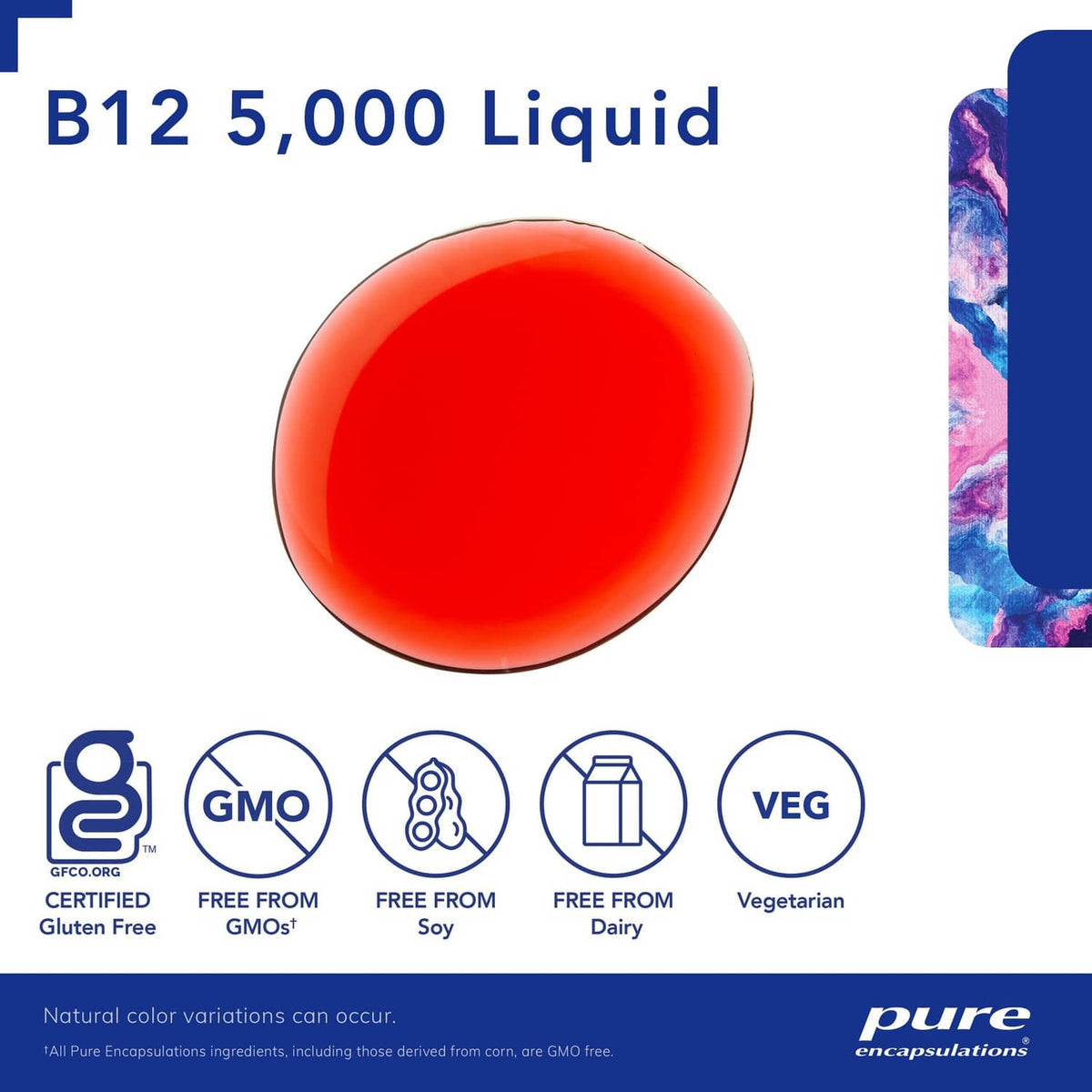 B12 5,000 Liquid supplement info graphic with GMO, vegetarian, and free-from icons