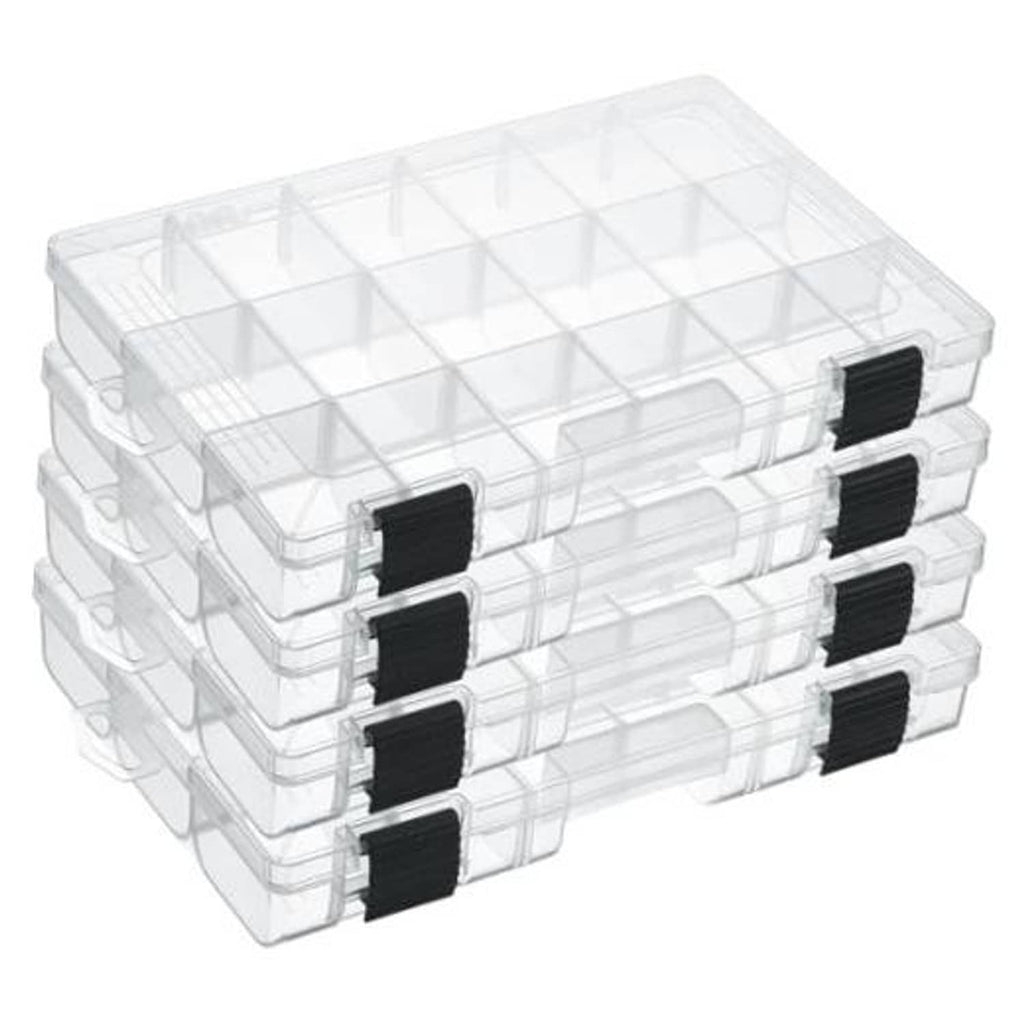Stacked set of clear tackle storage boxes with black snap clasps and grid dividers