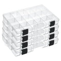 Stacked set of clear tackle storage boxes with black snap clasps and grid dividers
