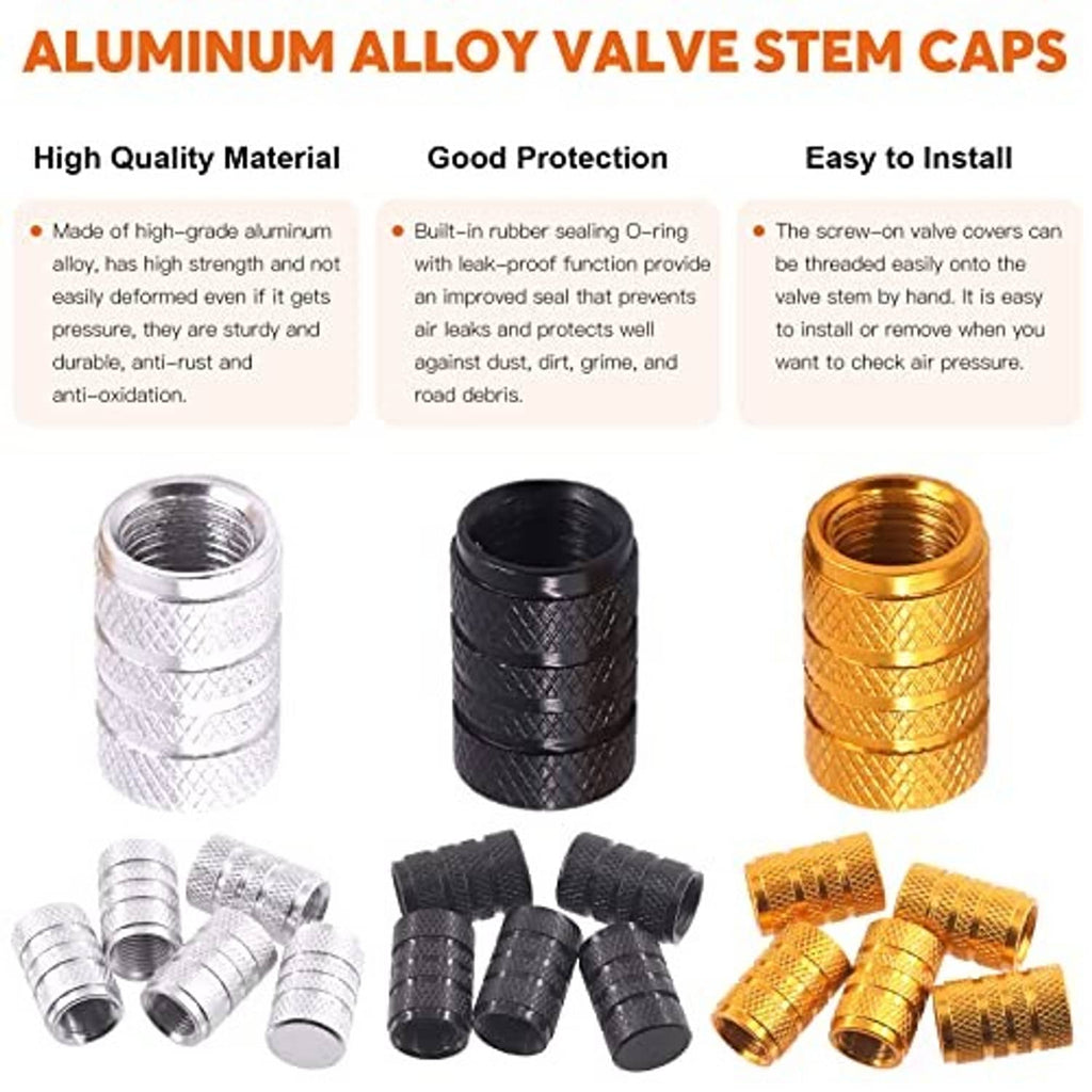 Aluminum valve stem caps set: silver, black, and gold threaded caps with O-ring