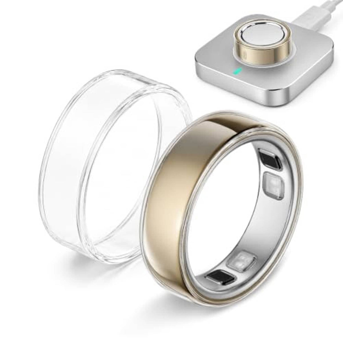 Clear TPU ring cover sleeve with open inner band, angled view over a ring.