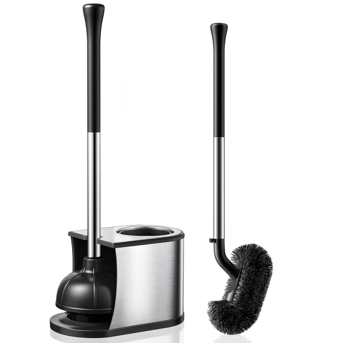 Toilet plunger and brush set with stainless canister, black handles, and two heads