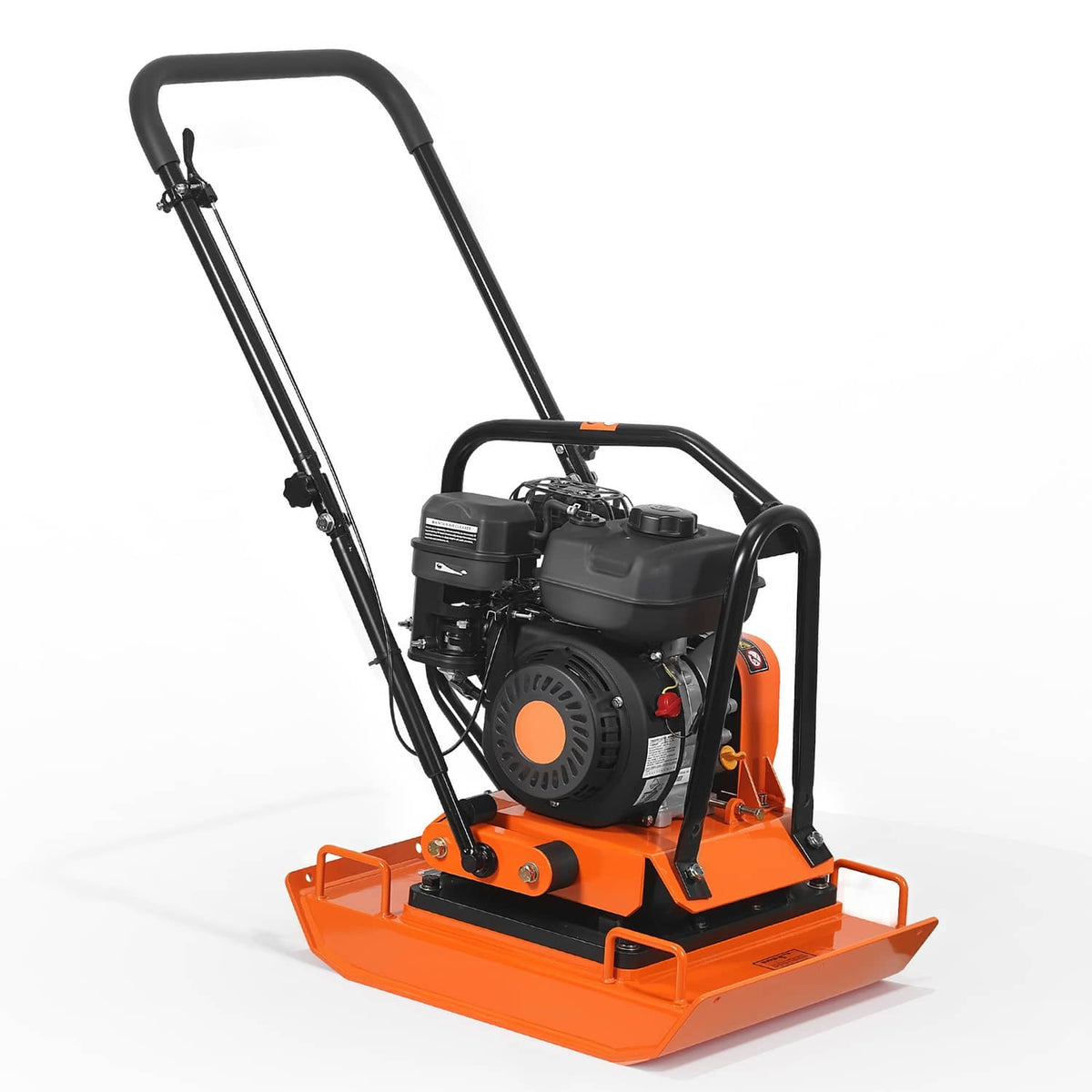 Orange plate compactor with black engine, front vibration plate and handle frame