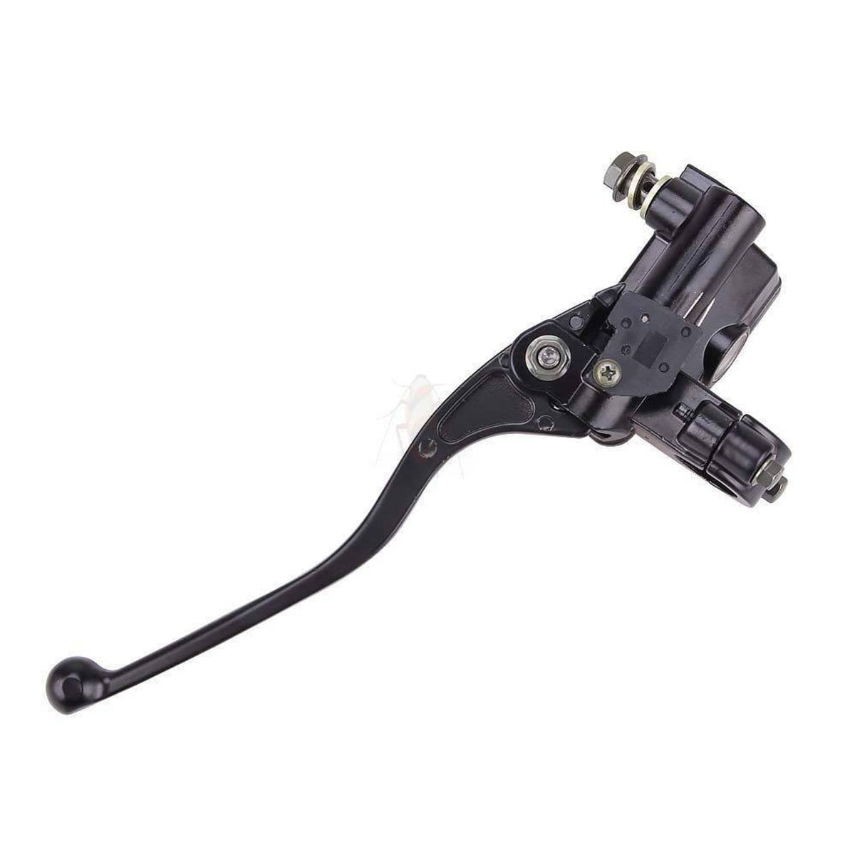 Black brake master cylinder with lever and vertical reservoir body with cap