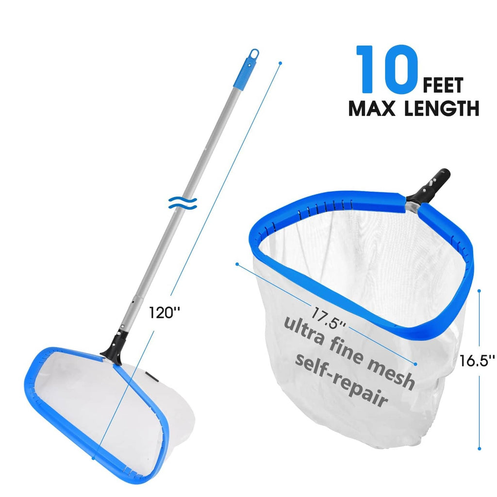 Pool net with blue oval rim and ultra-fine white mesh bag attached to grey pole