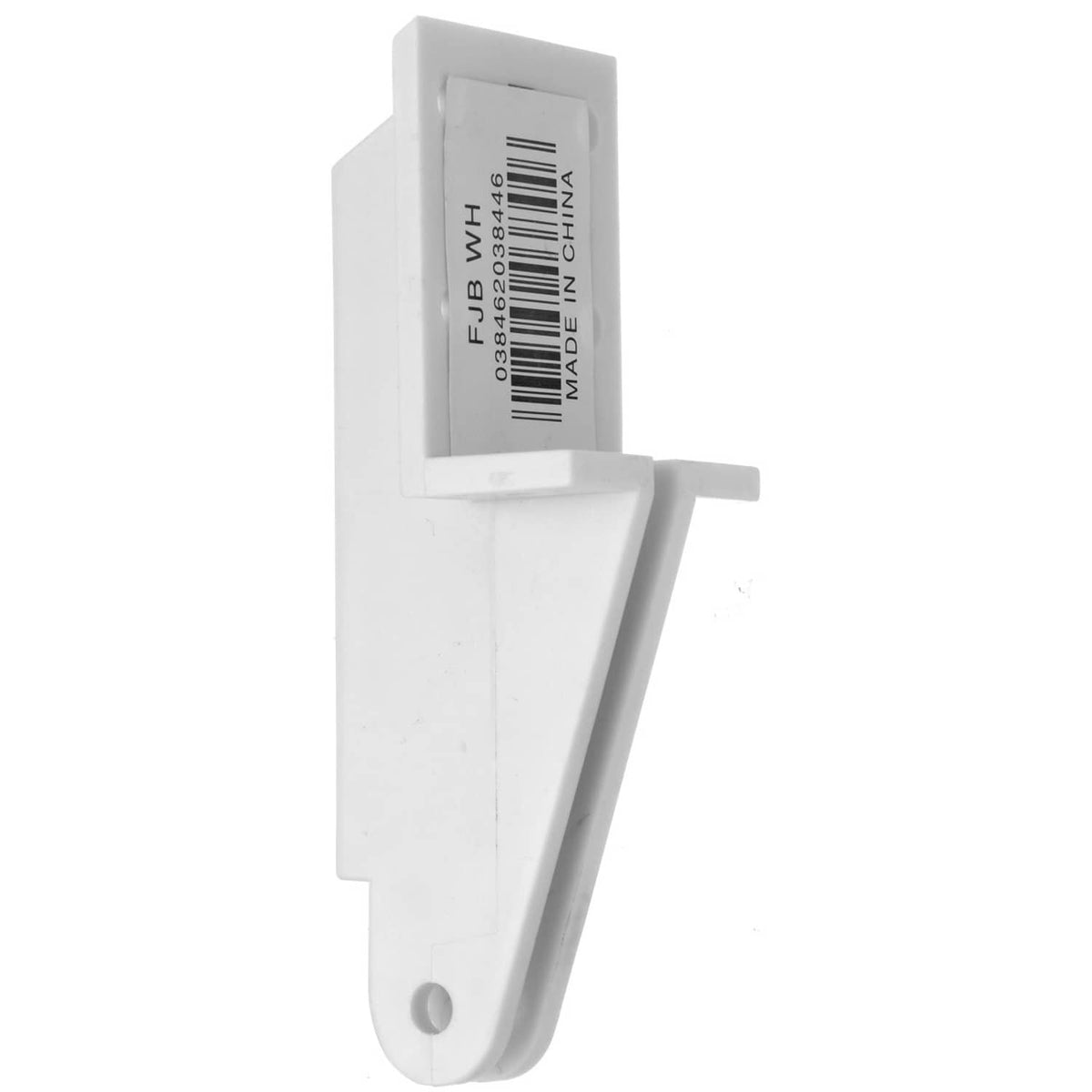 White plastic replacement door jamb bracket for screen door, with mounting tab and pin