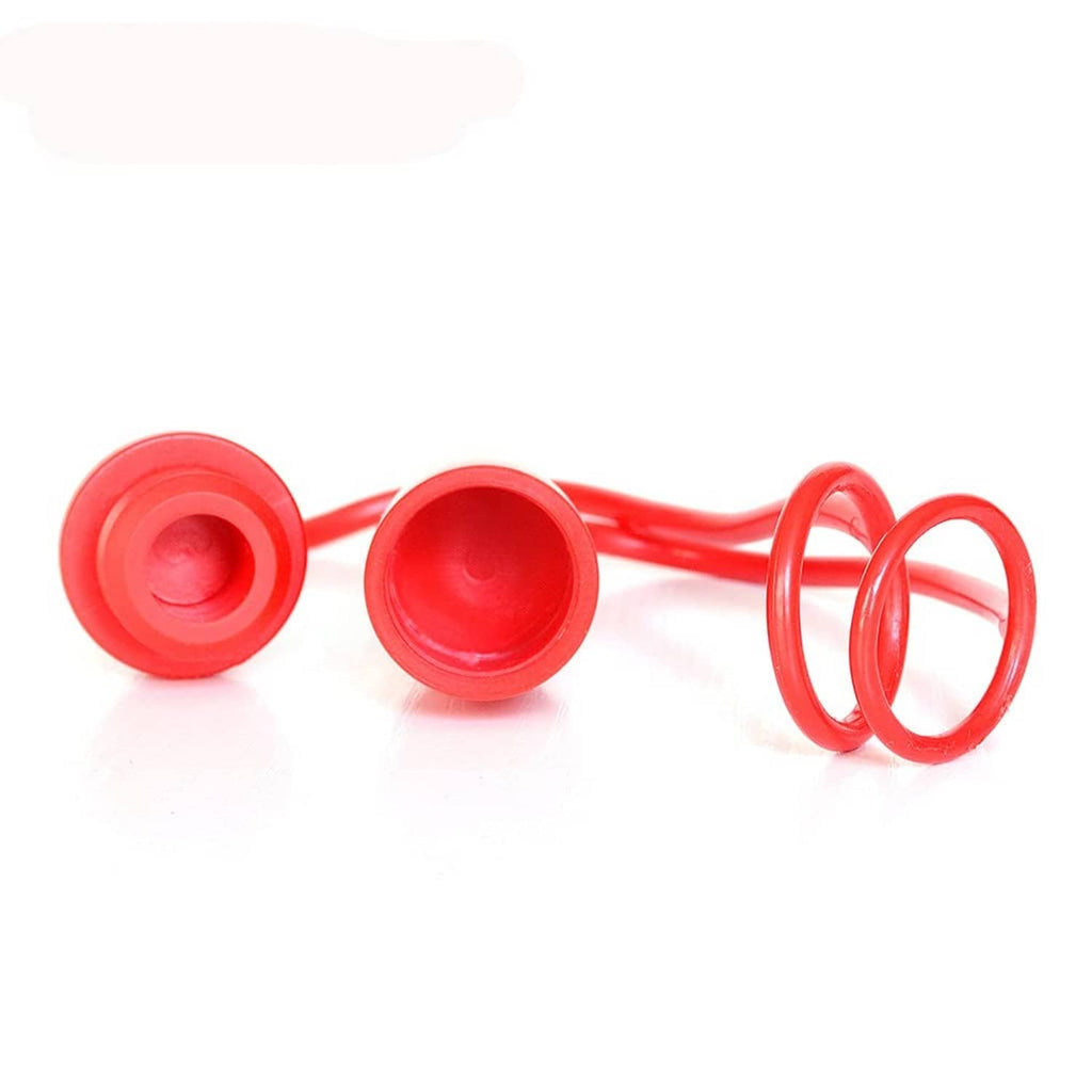 Two red hydraulic dust caps with tether rings and protective end cups