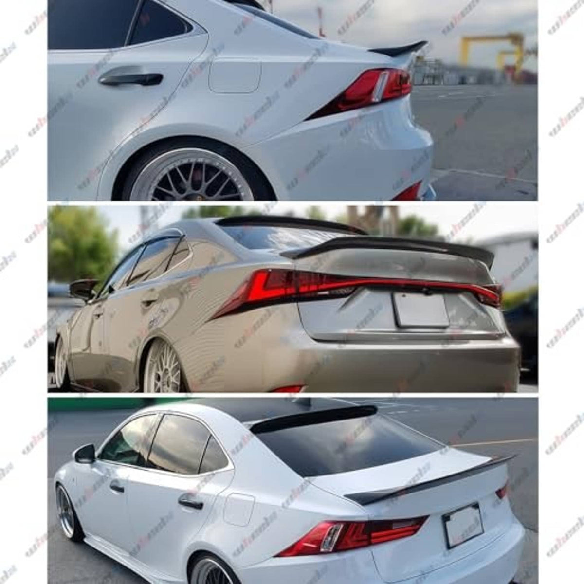 Gloss black rear duckbill spoiler shown on vehicle from multiple angles