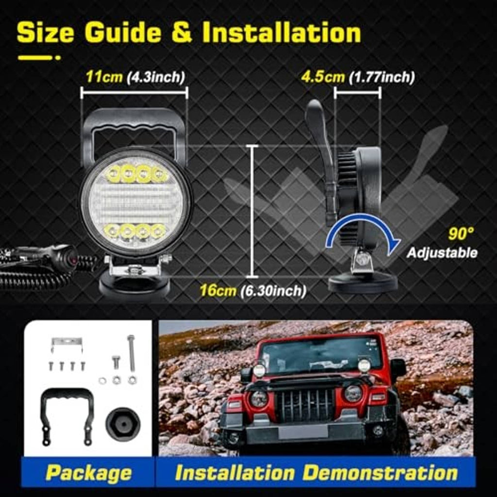 Round magnetic LED work light with adjustable mount and size measurement overlays