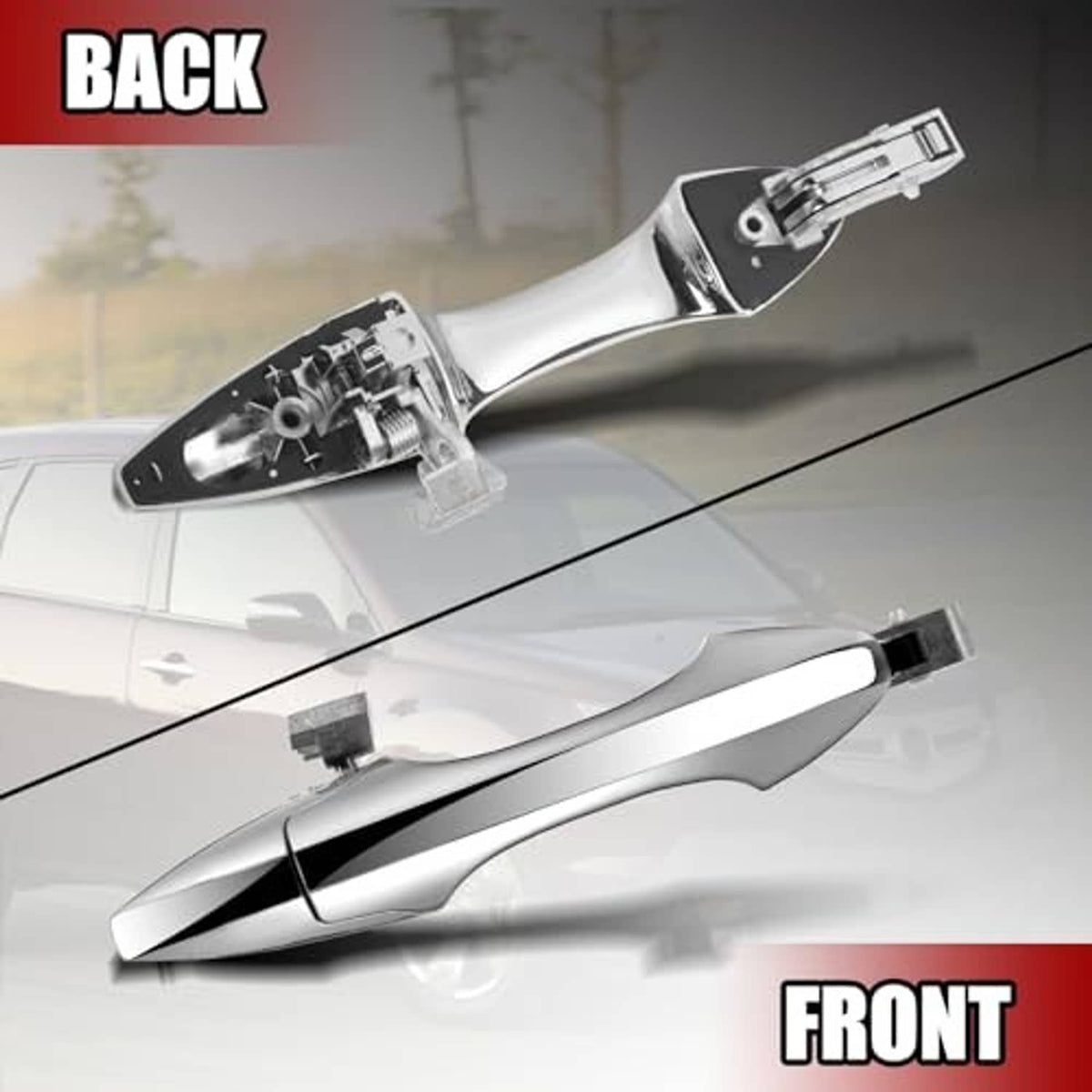 Chrome exterior passenger door handle assembly shown for front and rear positions