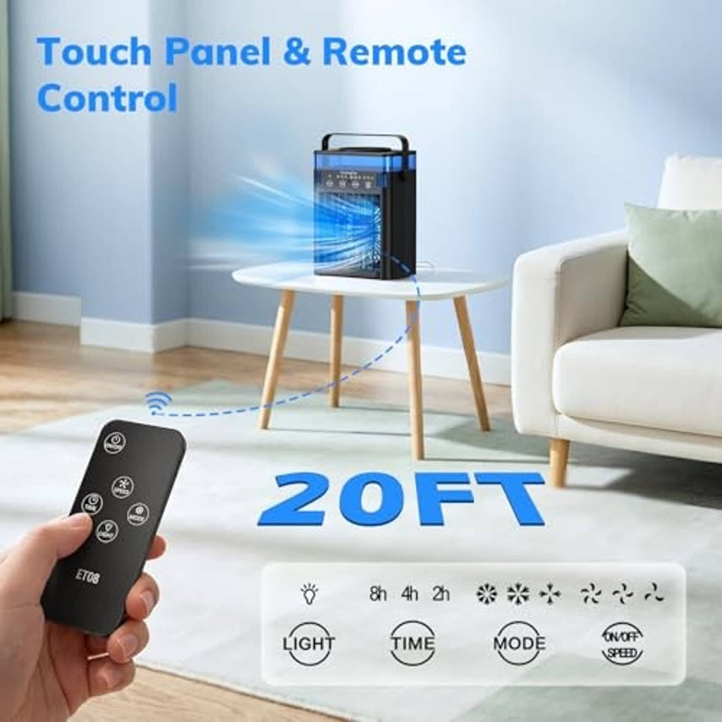Black portable air conditioner with touch panel and handheld remote control