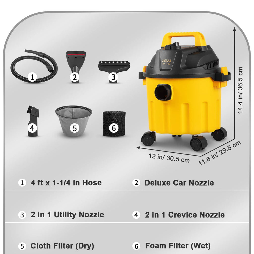 Wet/dry shop vacuum with included hose and nozzle attachments plus cloth and foam filters