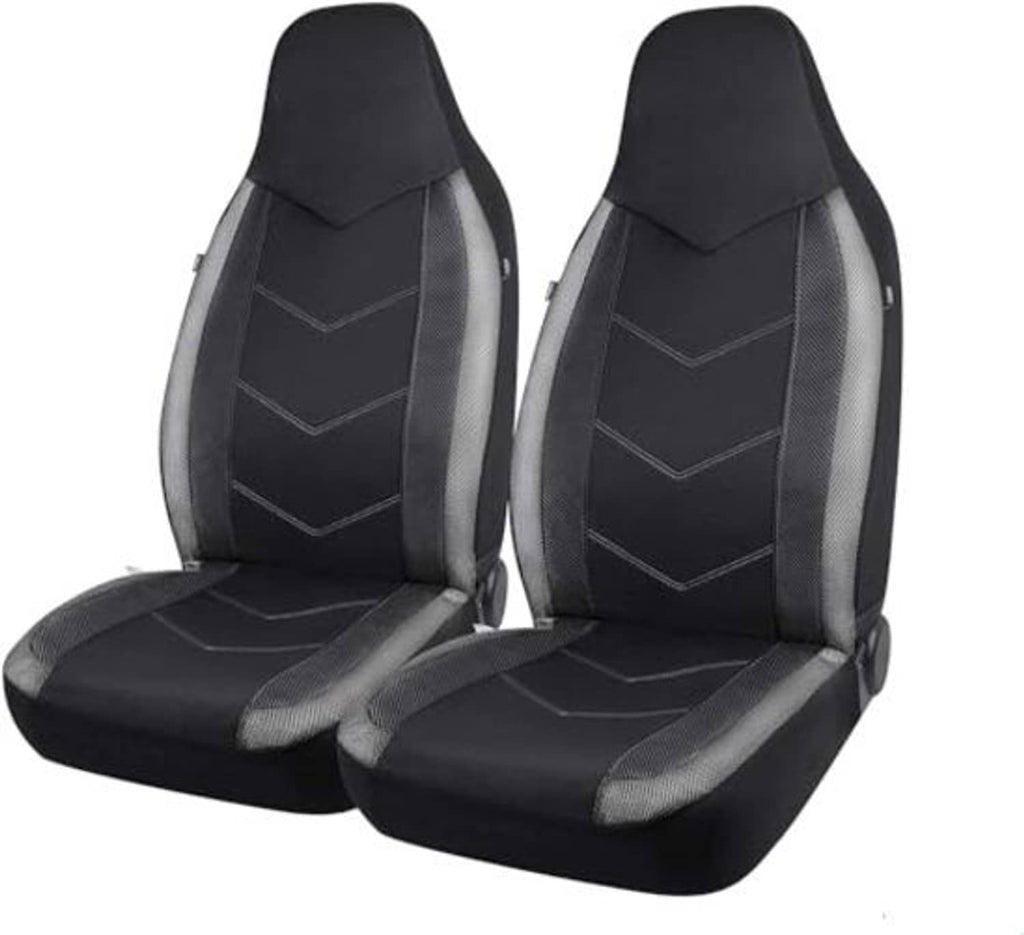 Two high-back front seat covers, black with gray side panels and chevron seam design