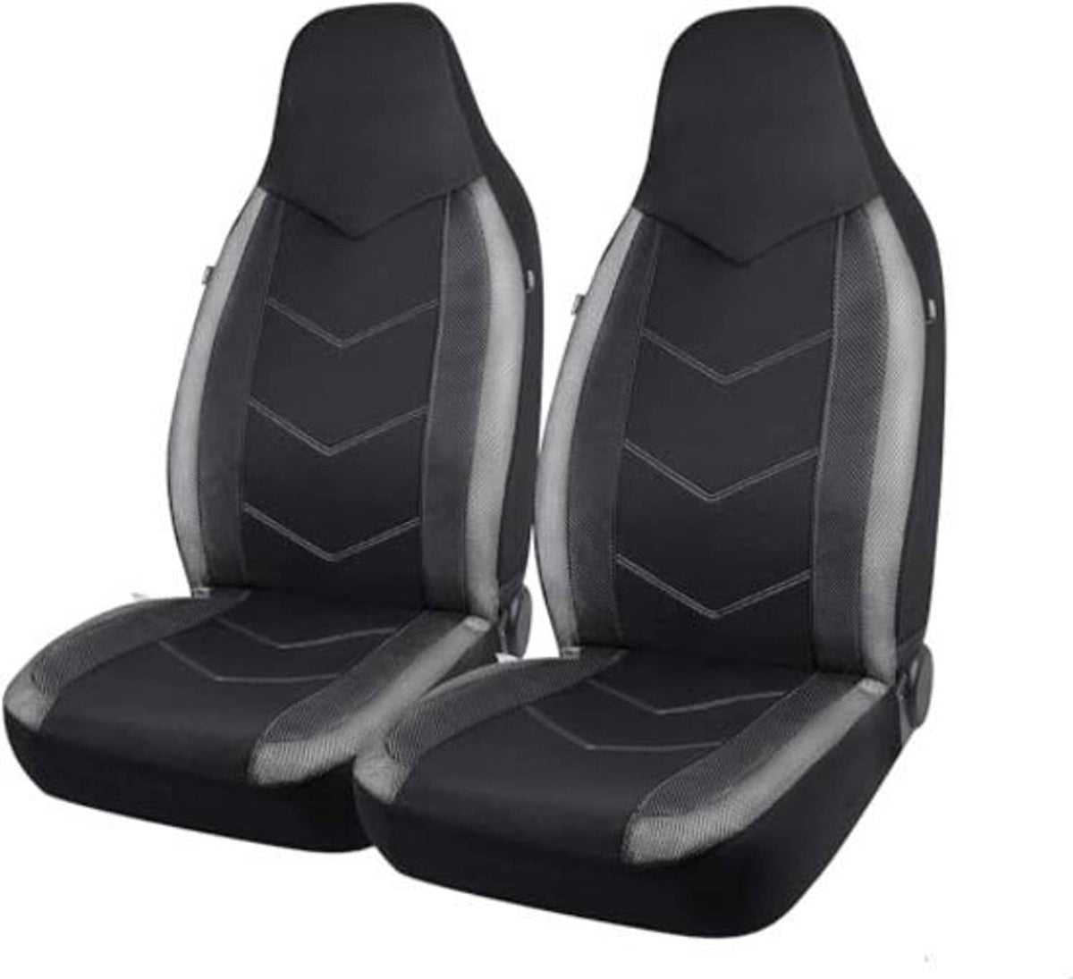 Two high-back front seat covers, black with gray side panels and chevron seam design
