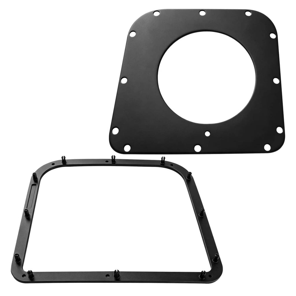 Black bagger seal plate with circular center opening and mounting holes