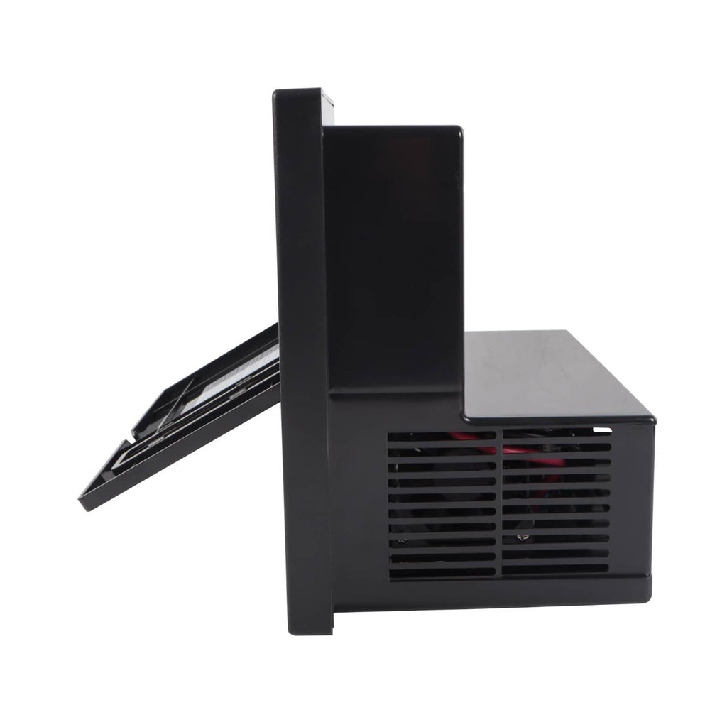 RV power converter battery charger side view with vented grille and extended cover