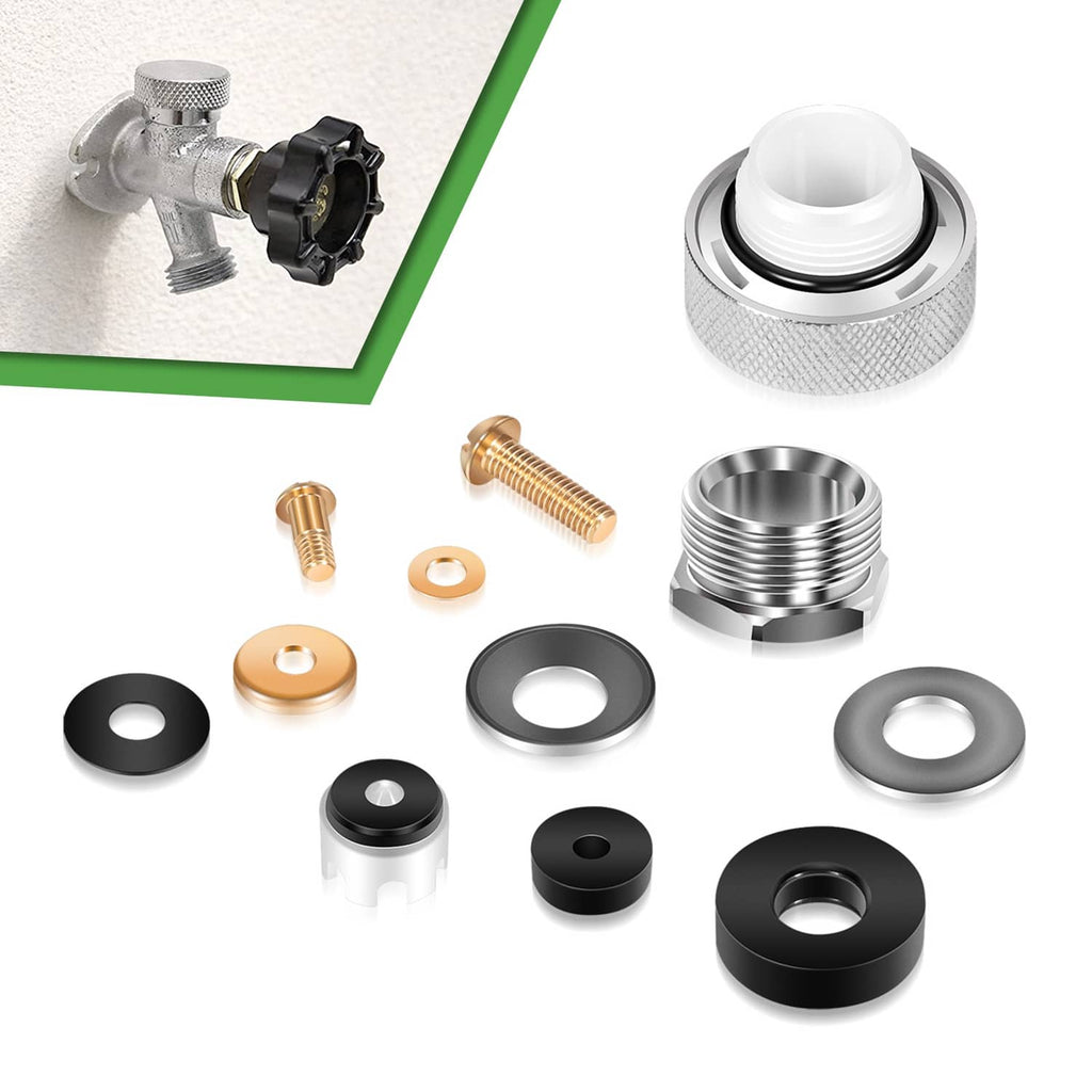 Wall hydrant repair kit with metal parts, washers, o-rings, and screws