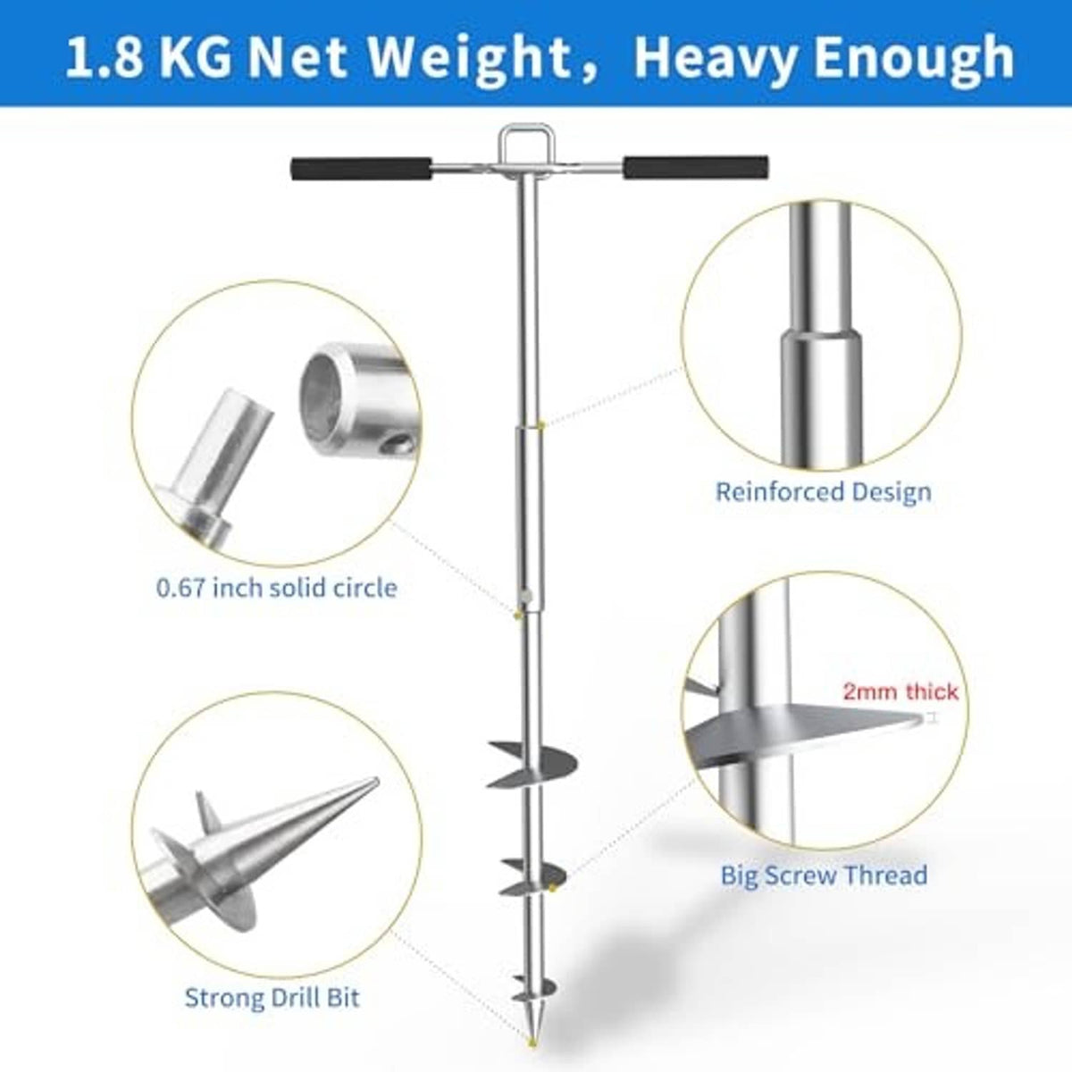Stainless steel boat sand anchor auger with reinforced pole and screw thread design