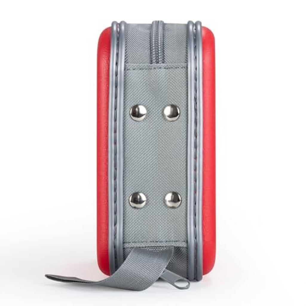 Hard plastic DVD case back view, red edges and gray spine with metal studs and strap