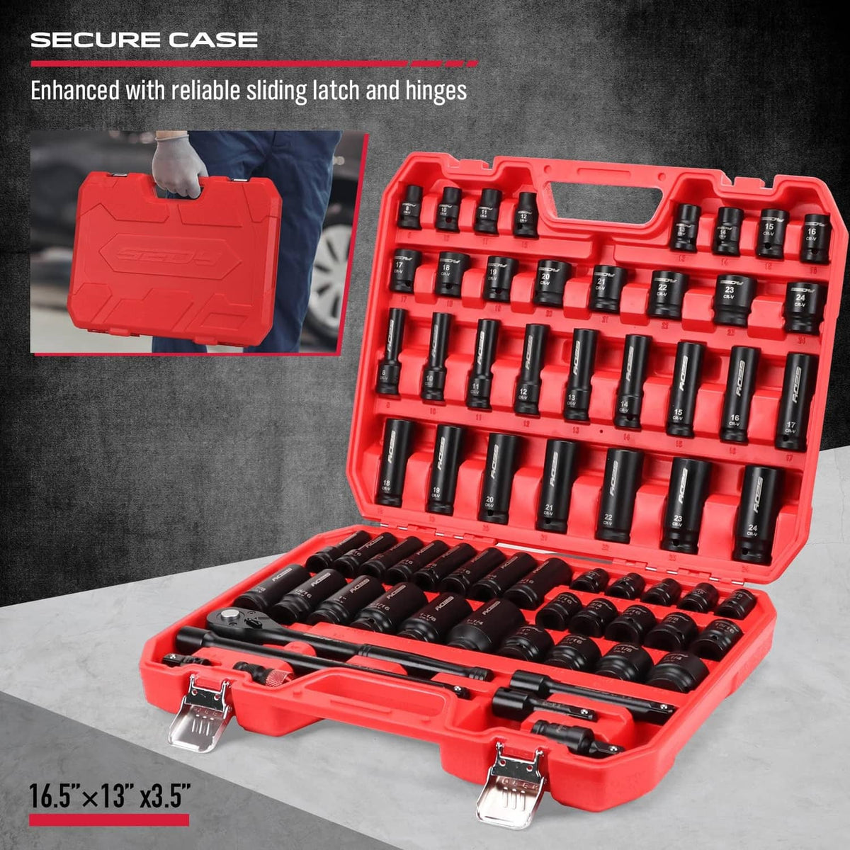 Impact socket set in red case with molded compartments and sliding latch