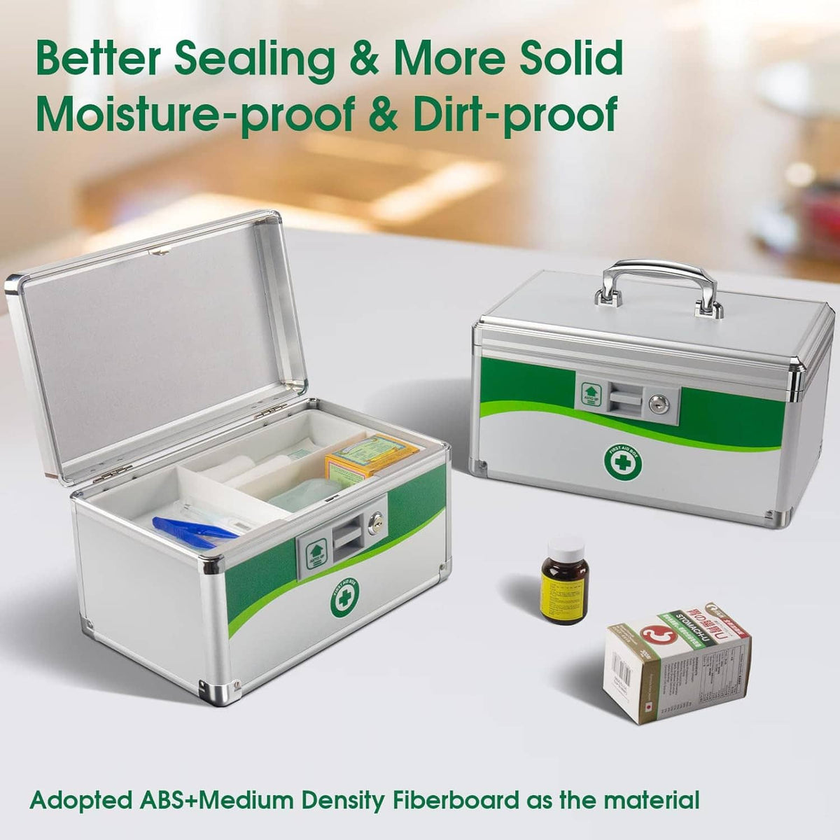 Two small open medicine lock boxes with divided trays and organizer compartments