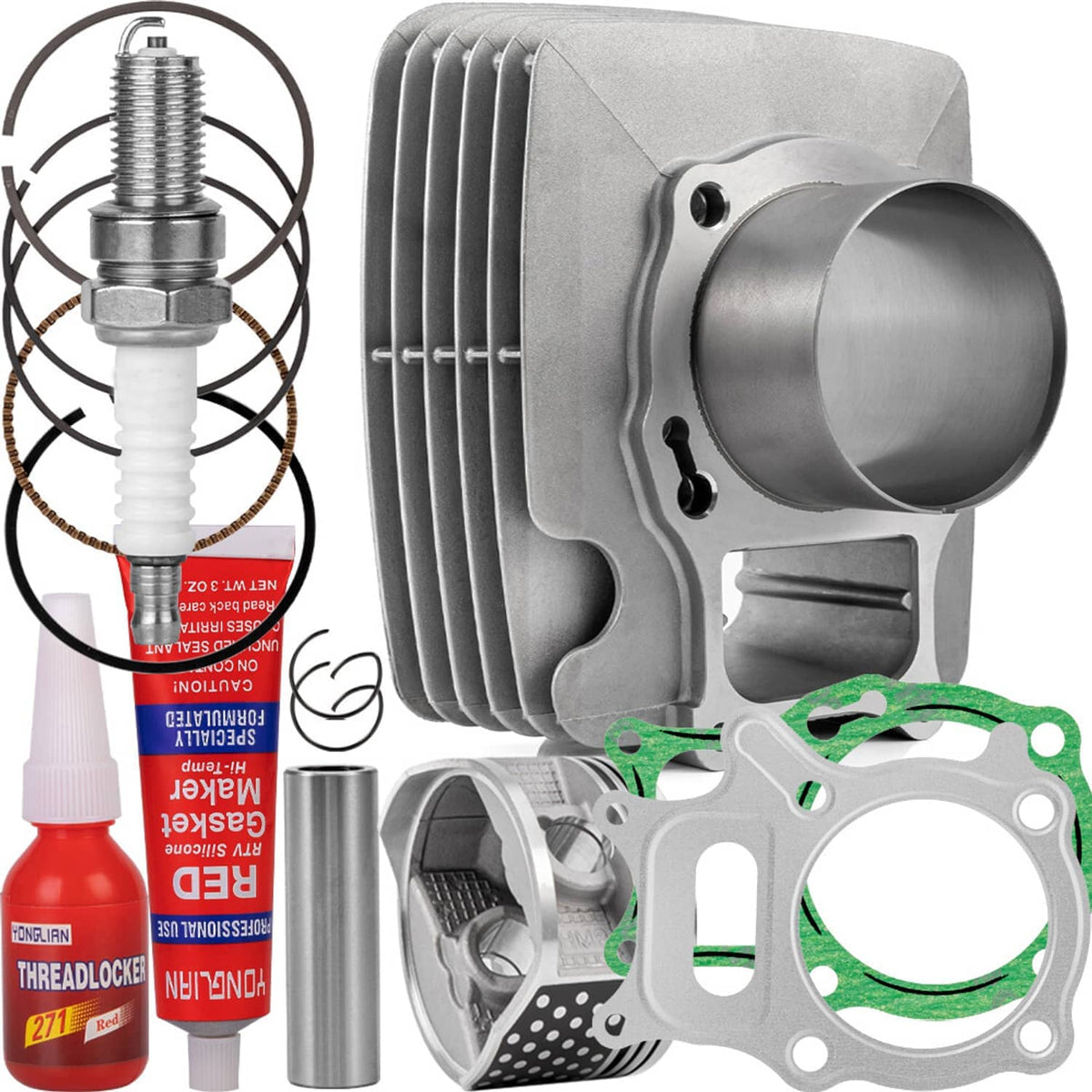 Engine cylinder kit with silver cylinder head, side view, and green sealing gasket