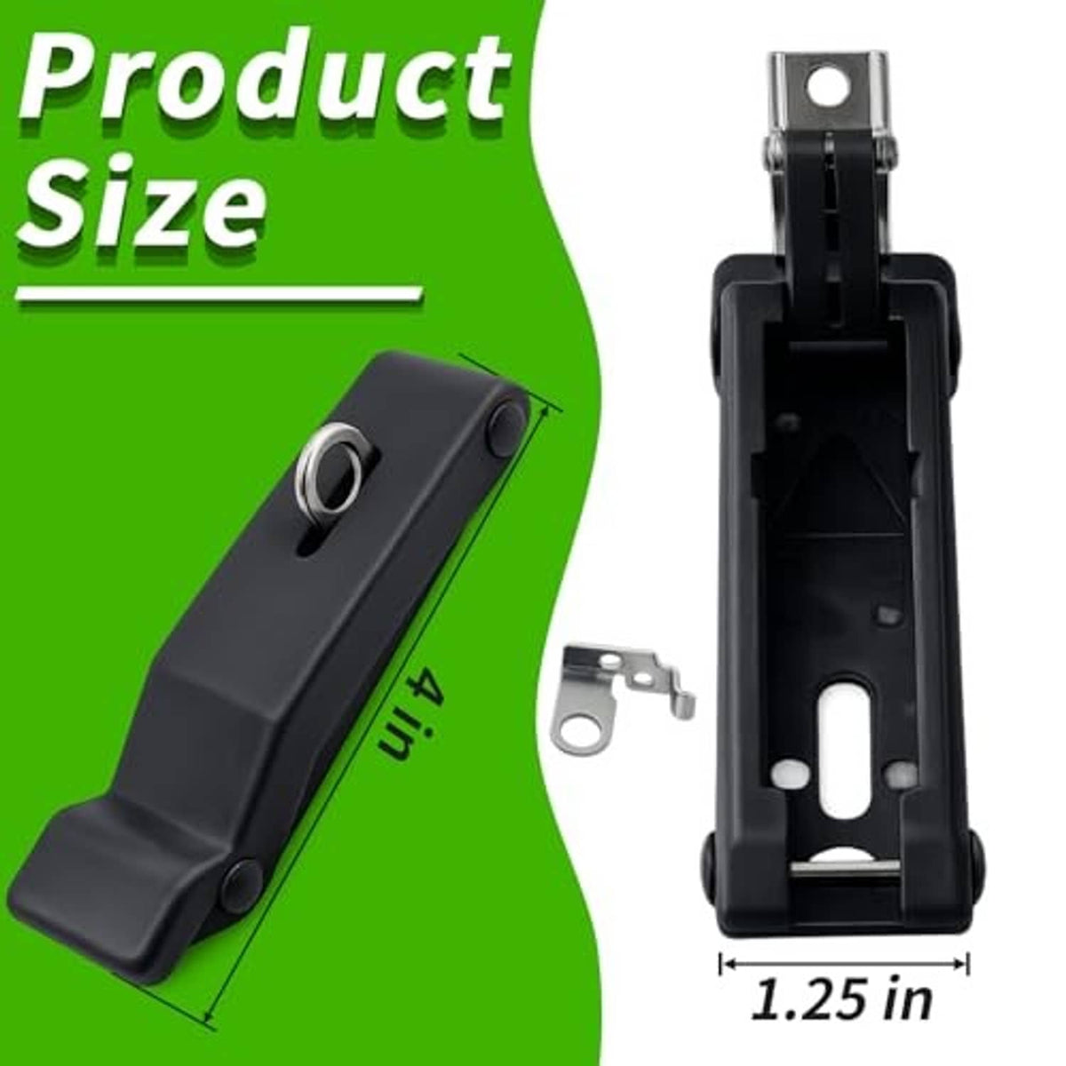 Front storage rack latch with black housing, metal mounting bracket, and latch pin