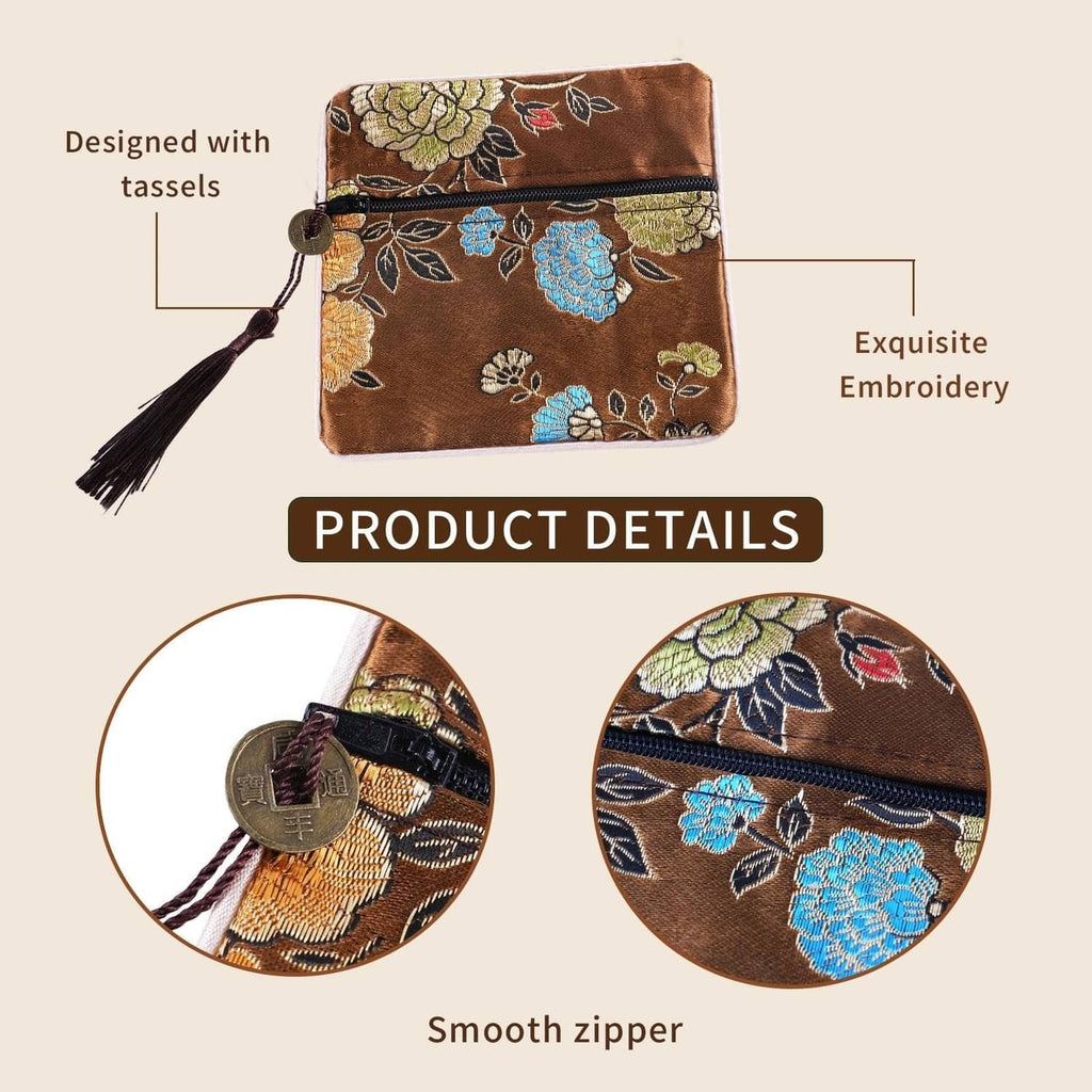 Brown floral Chinese silk brocade coin purse with tassel and smooth zipper
