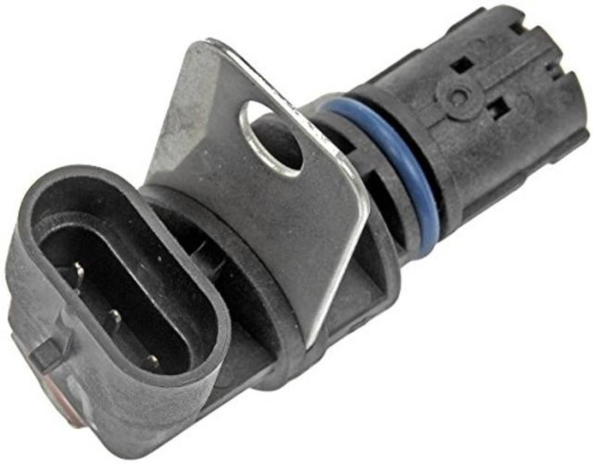 Engine crankshaft position sensor angled view, gray plug, blue seal, and mounting tab
