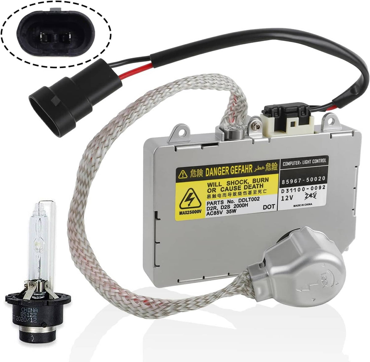 HID xenon headlight ballast control module with wiring harness and D2S bulb
