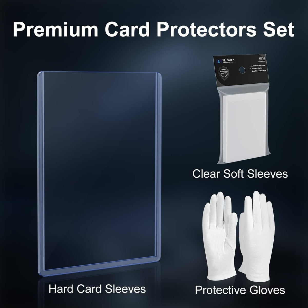 Card protectors set with clear hard card sleeves, clear soft sleeves, and white gloves