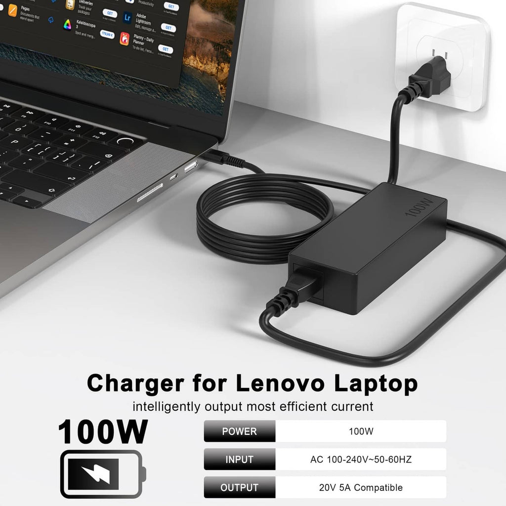 Black laptop charger with DC barrel plug and wall outlet adapter, connected to cable