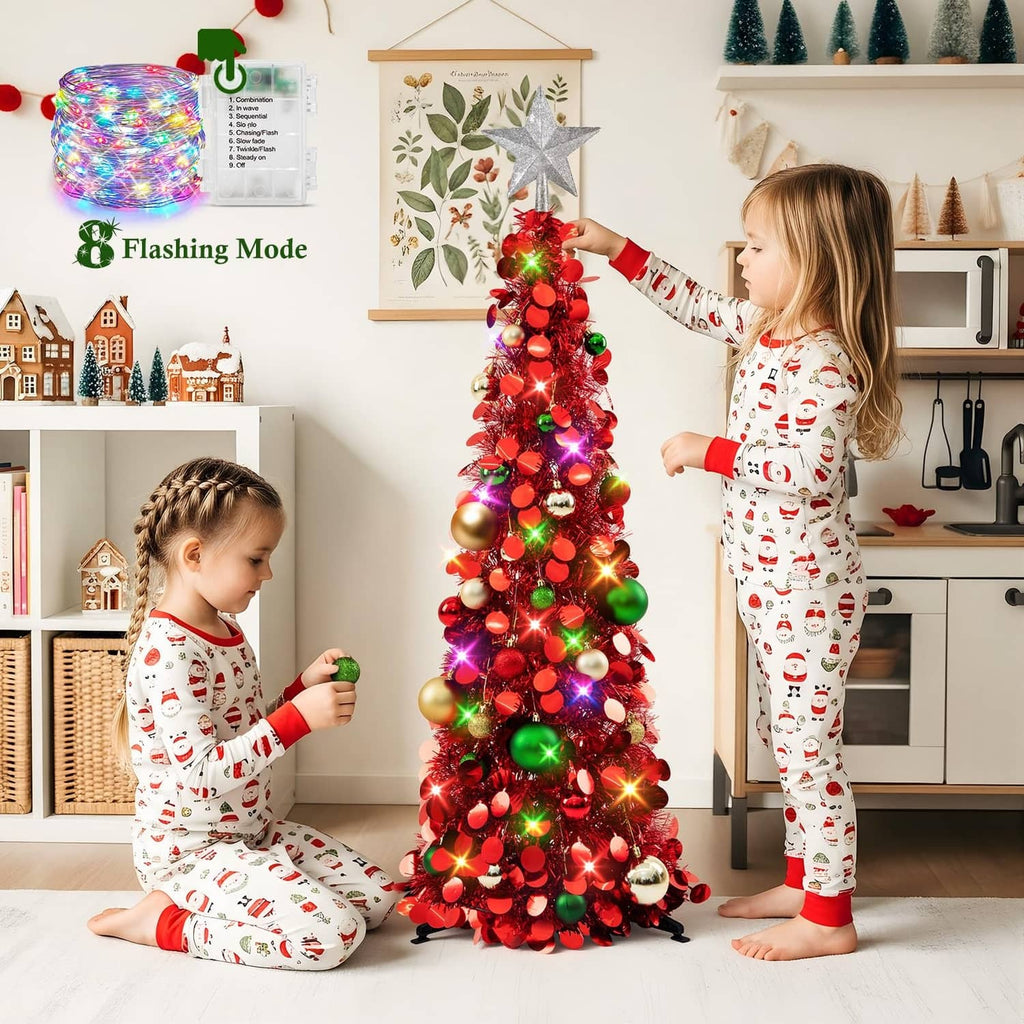 Red pop-up Christmas tree with multicolor LED lights, ornaments, and star topper