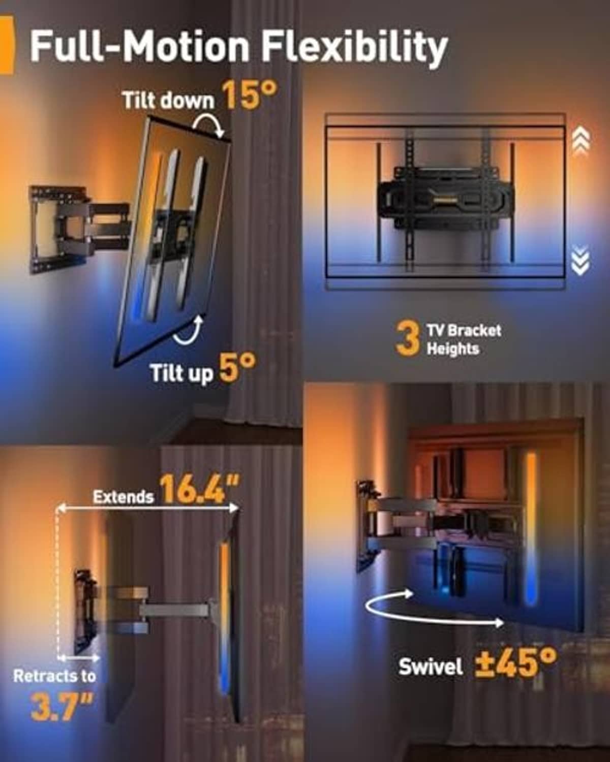 Full-motion TV wall mount showing tilt, extend, and swivel motion diagram