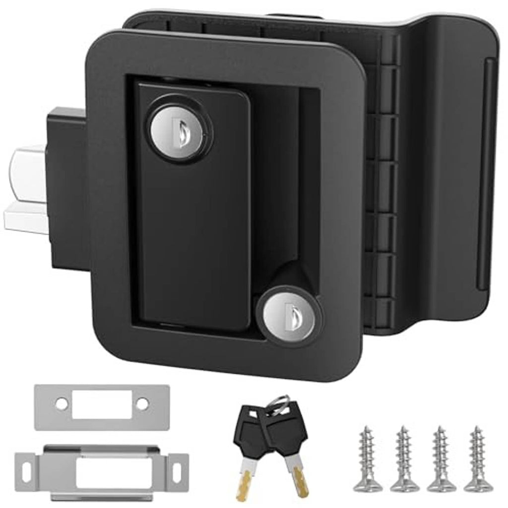 Black RV door lock latch with paddle handle and two key cylinders, close-up