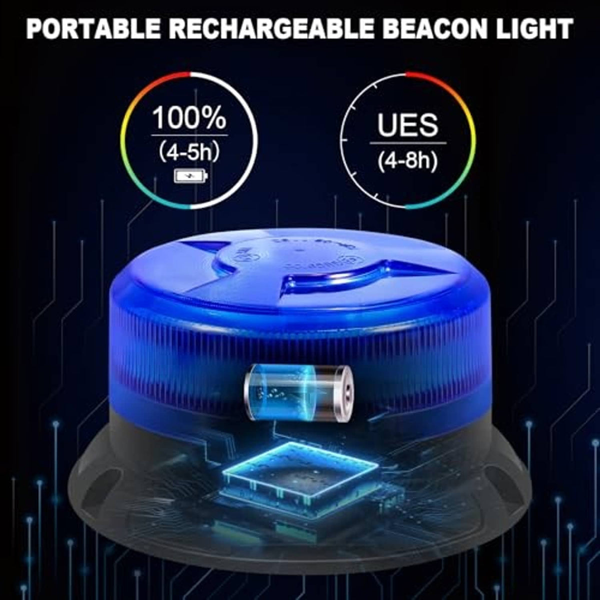 Blue rechargeable beacon light with glowing top lens and internal panel detail