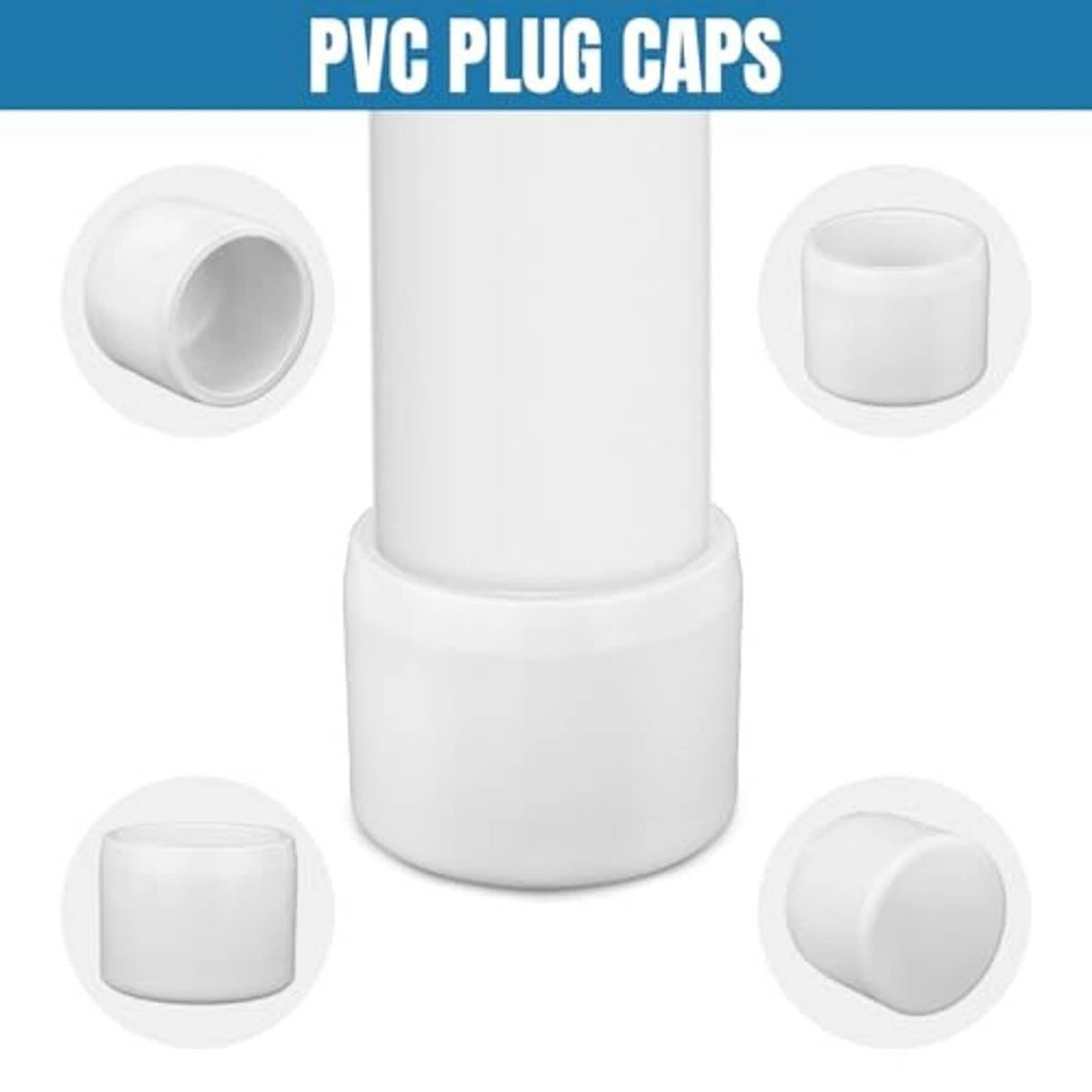 White PVC pipe end plug caps, one larger cap with smaller matching end plugs