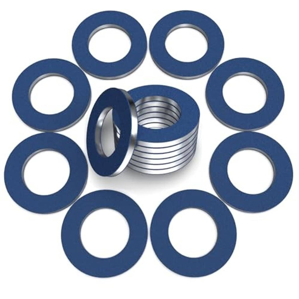 Blue circular gaskets with stacked metal threaded crush washers, oil drain plug set