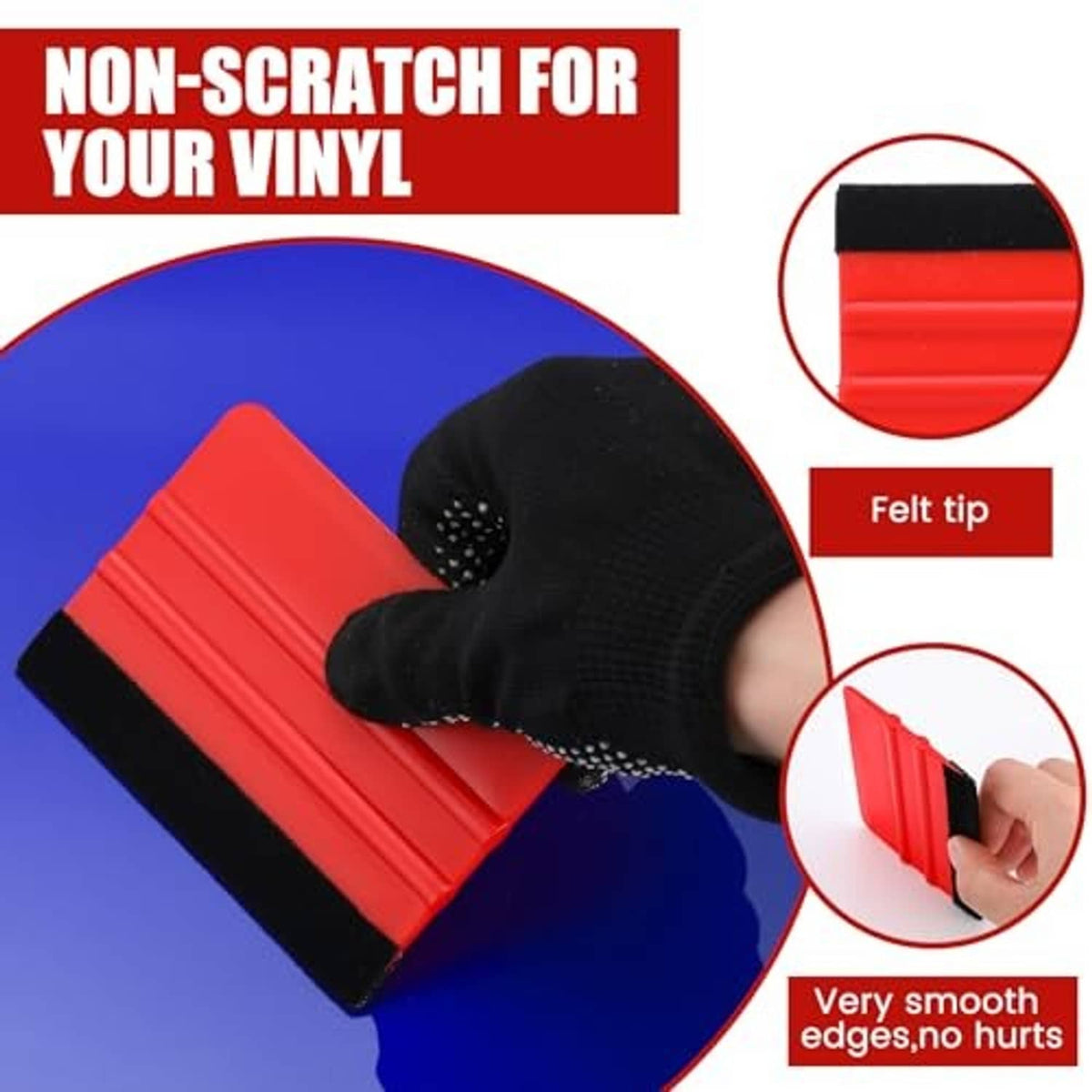 Felt-edge squeegee tool with red body and black handle tip, smooth vinyl use