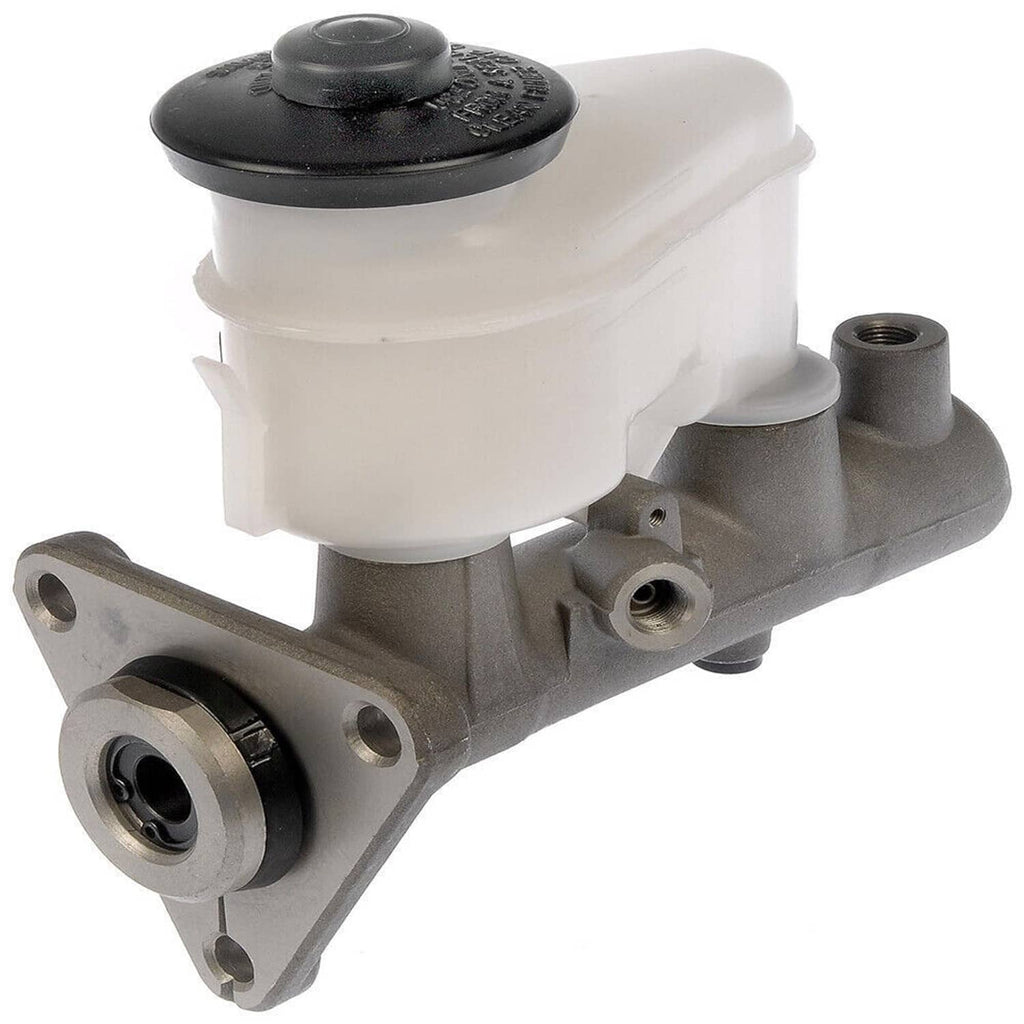 Brake master cylinder with white reservoir, gray metal bracket, and brake line ports.