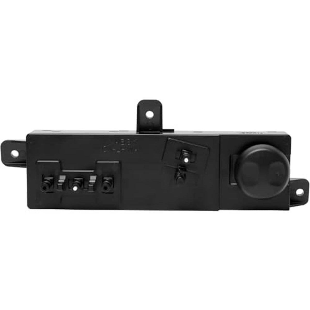 Black power seat switch module with mounting tabs and control knob, front view