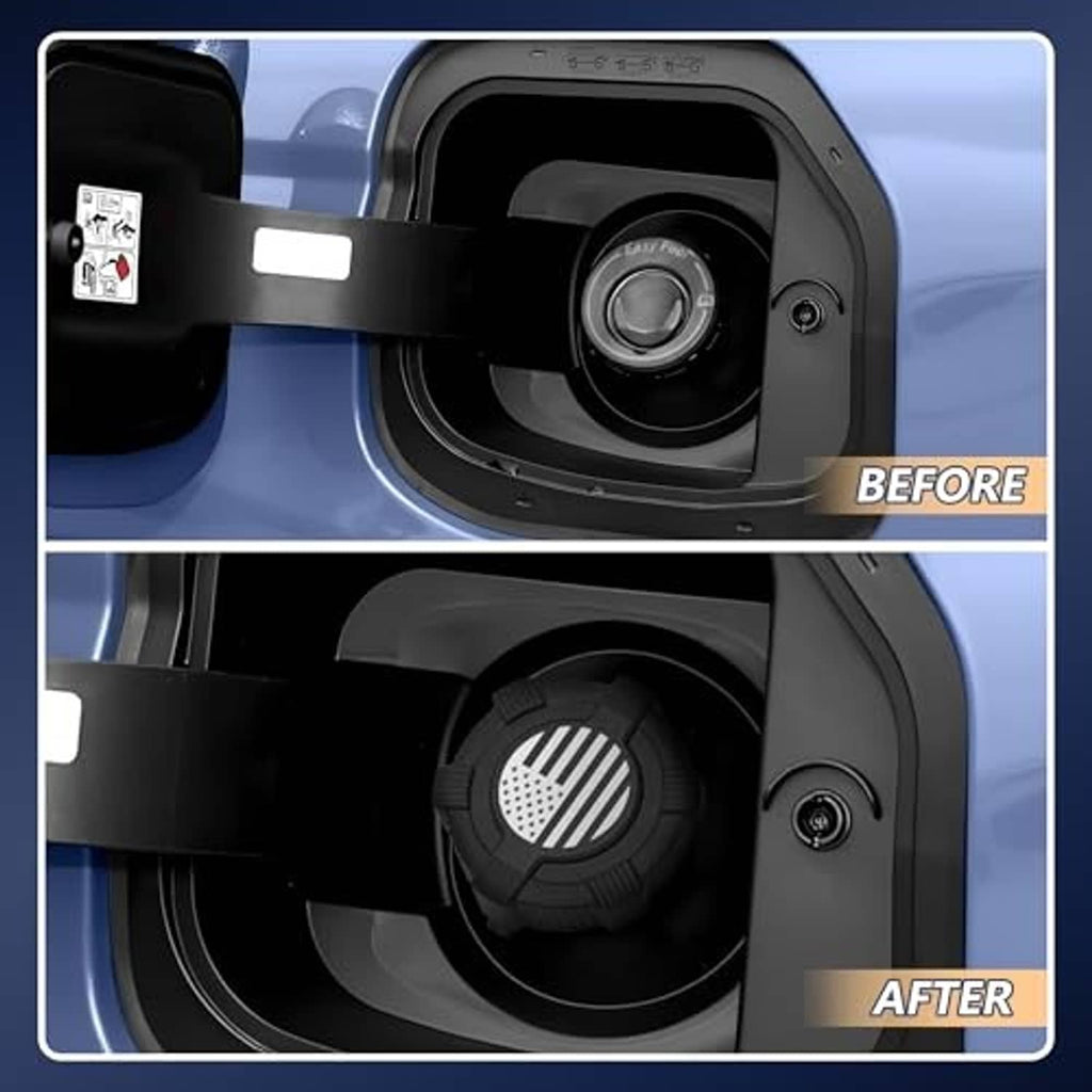 Black fuel tank filler dust cap shown before-and-after around the filler area