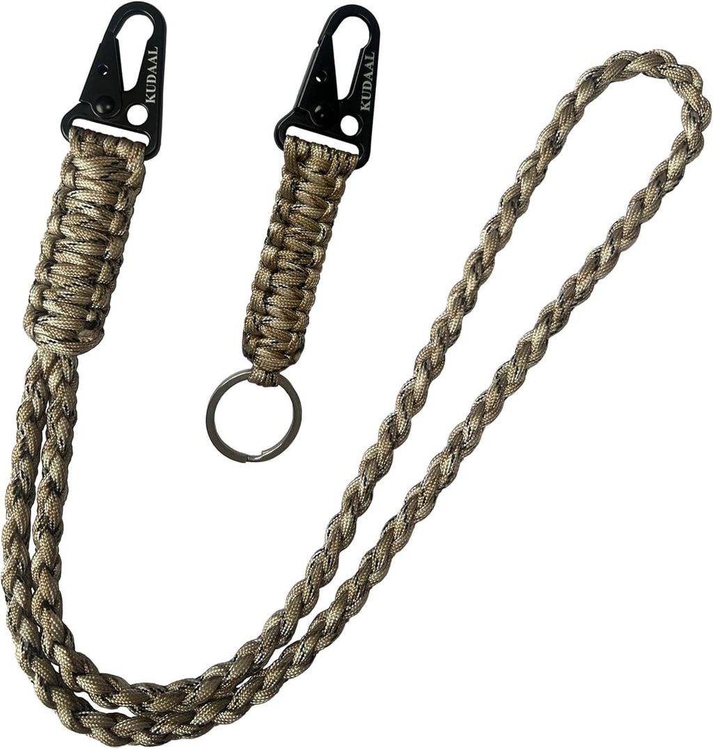 Braided paracord lanyard with two black clips and metal keyring; tan and olive weave