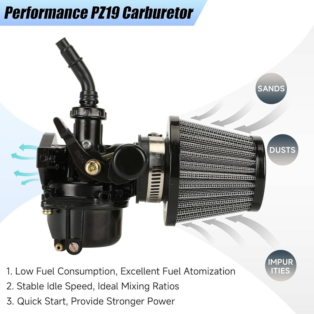 Black carburetor with air filter and intake hose, side view