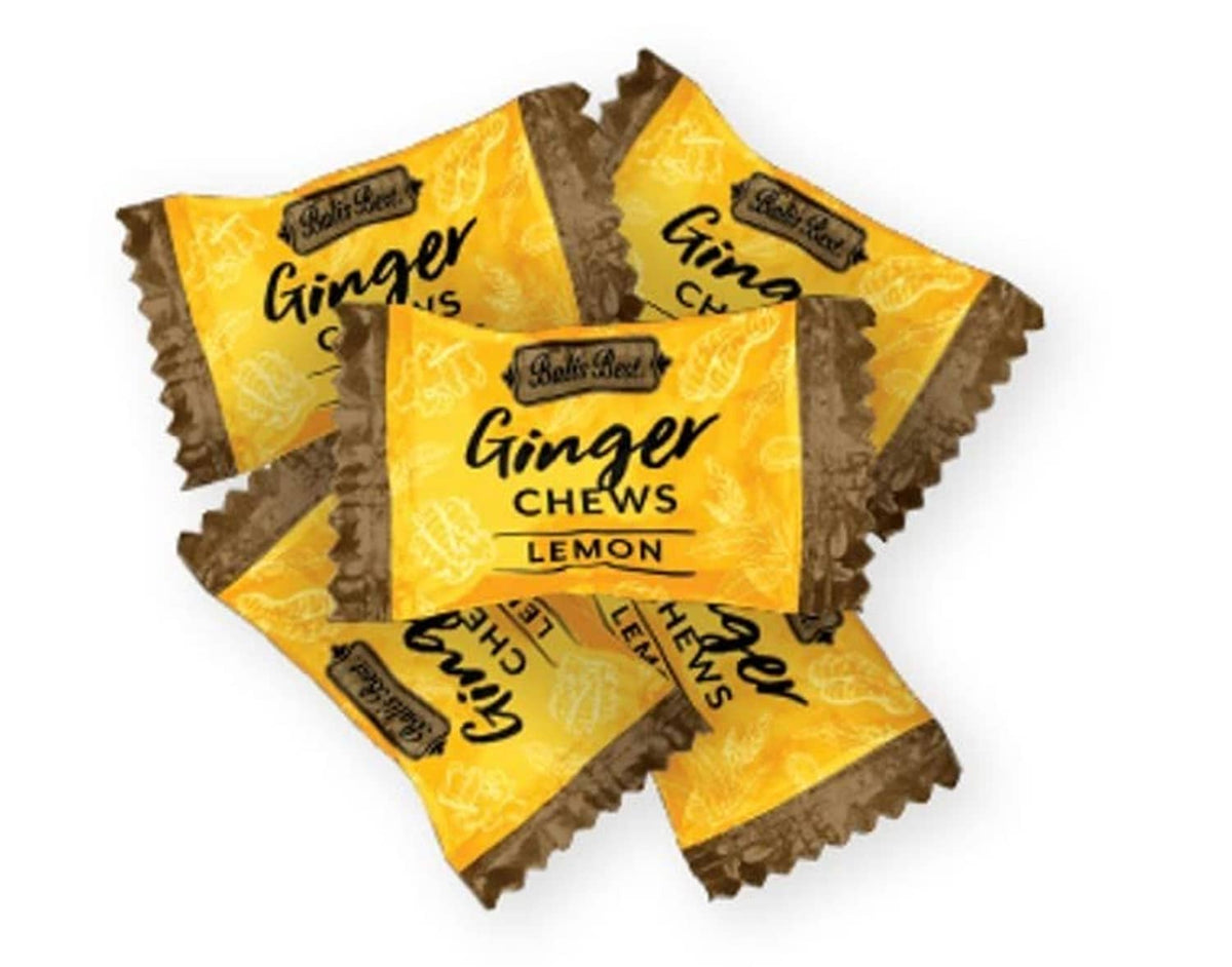 Wrapped ginger chew packets labeled Ginger Chews Lemon in yellow