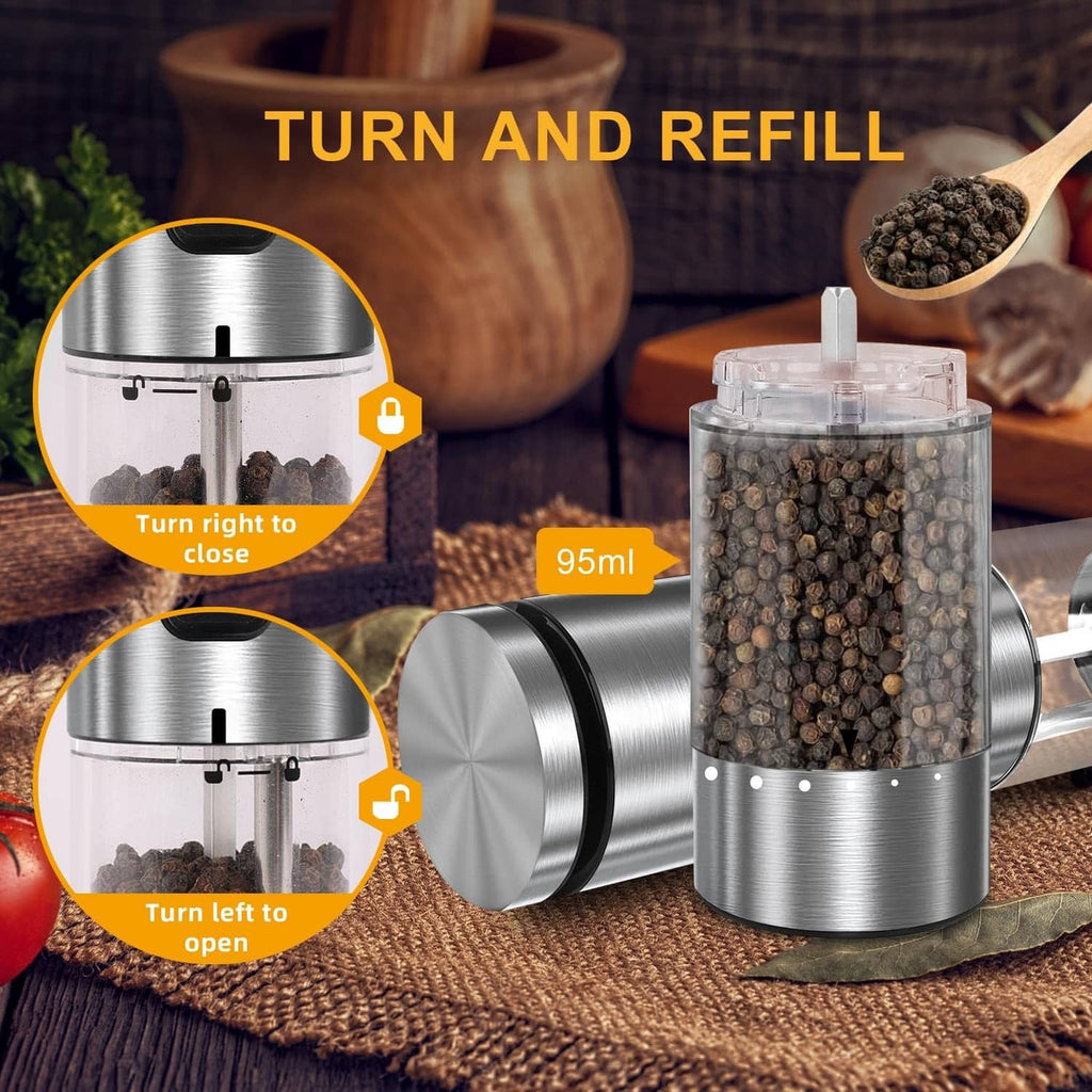 Stainless steel electric salt and pepper grinder with turn-and-refill container